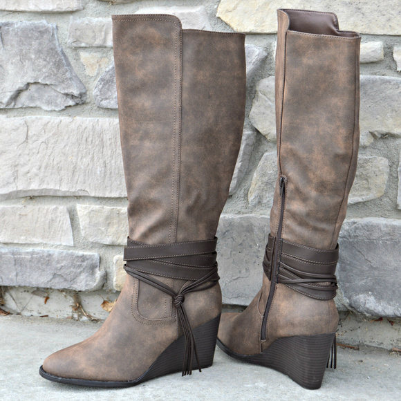 JustFab Shoes - Ulrica Wedge Distressed Look Boots Wide Calf